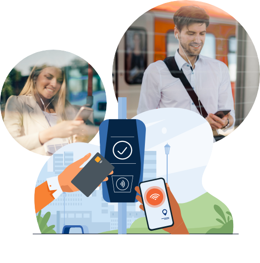 Vontas Illustrations, man on cell phone, woman on phone, illustration showing Vontas Equipment and phones