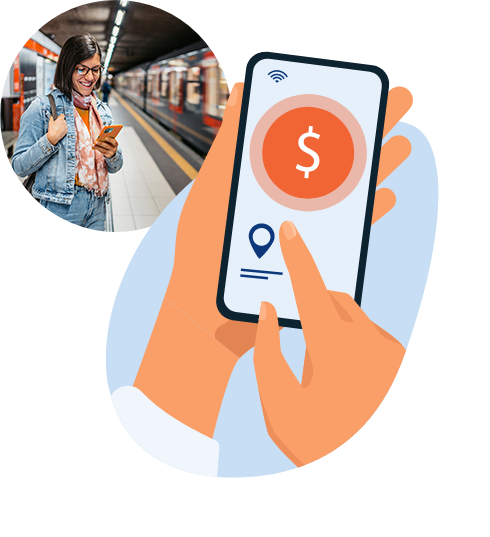 Simplify Rider Transactions Collage, illustration showing a customer paying on a phone, photo of woman at a train station